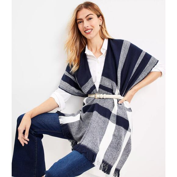 LOFT Sweaters - LOFT M/L Boho Blue Poncho Open Front Oversized Shawl Cardigan